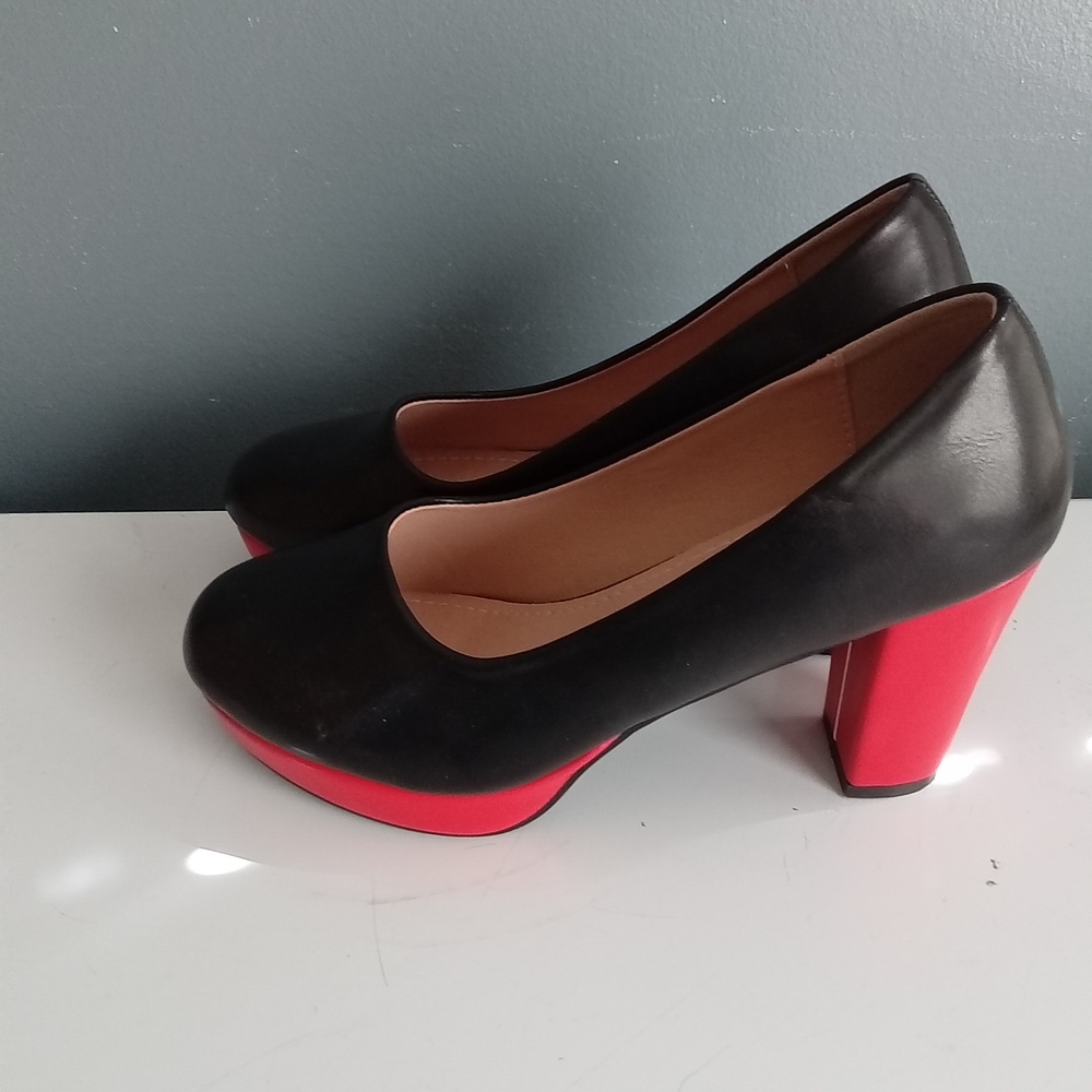 Black and Red Platform Block Heel Pumps Round Toe Two Tone Dress Shoes - Picture 7 of 8